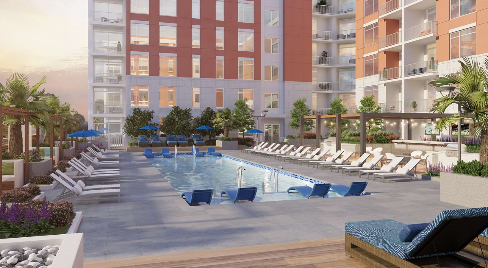 Swimming pools with plenty of lounge seating all around it